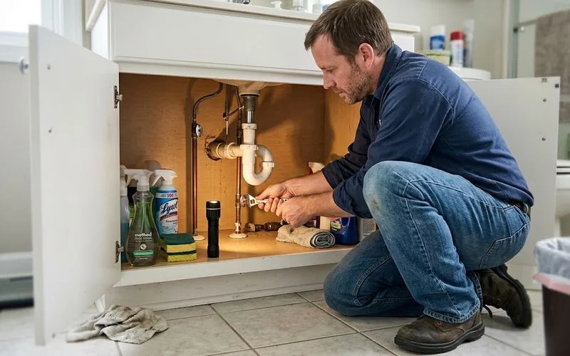 A plumber crouched under a bathroom sink checking a shutoff valve and supply line before starting a faucet repair